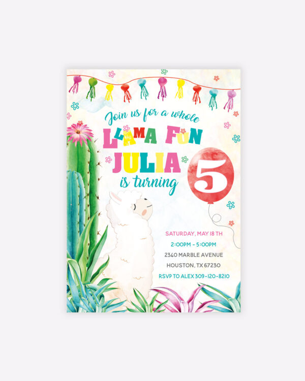 Llama-themed party invitations for kids 1