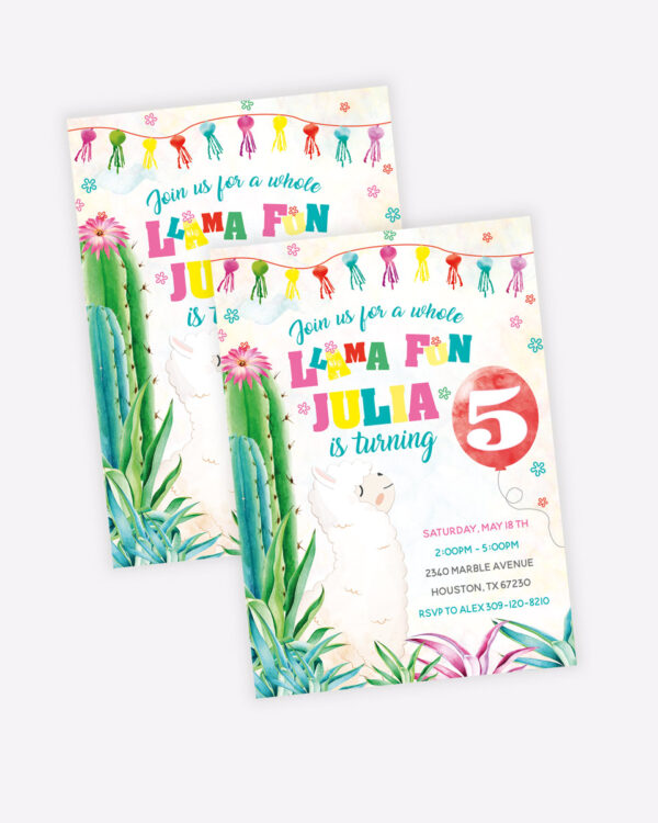 Llama-themed party invitations for kids 4