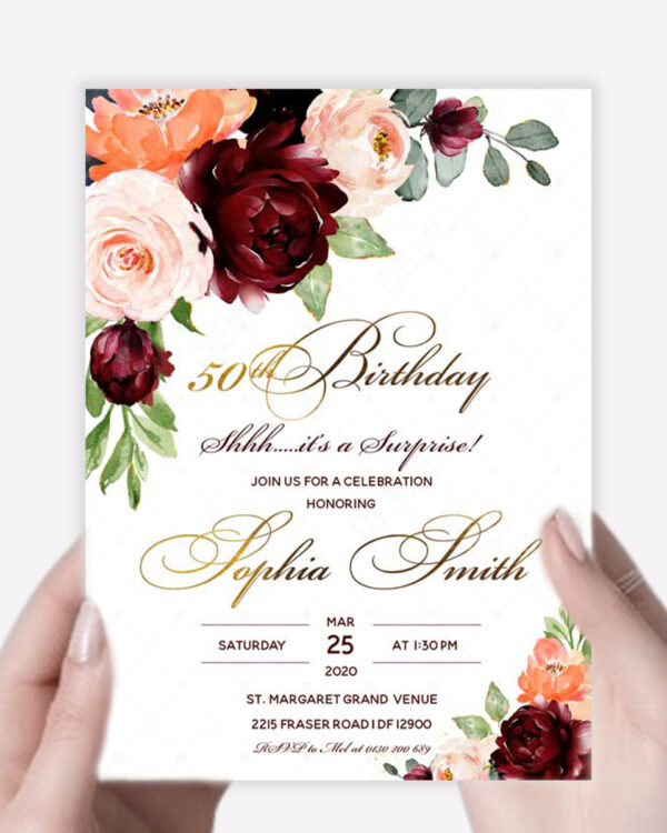 Burgundy and Gold 50th Surprise Birthday Invitations 3