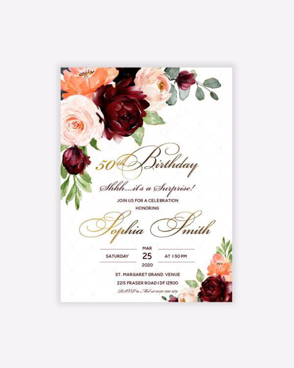 Burgundy and Gold 50th Surprise Birthday Invitations 1