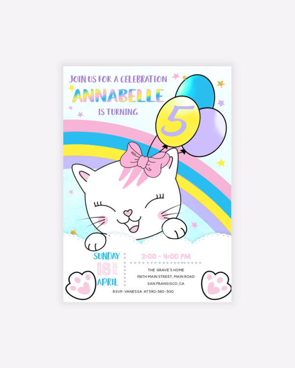 Kitten Rainbow Birthday Girls Invitation 1