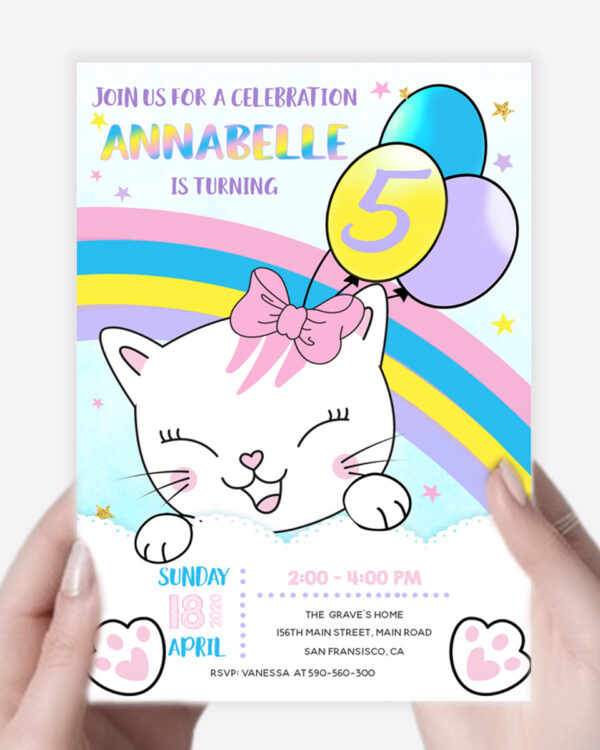 Kitten Rainbow Birthday Girls Invitation 2