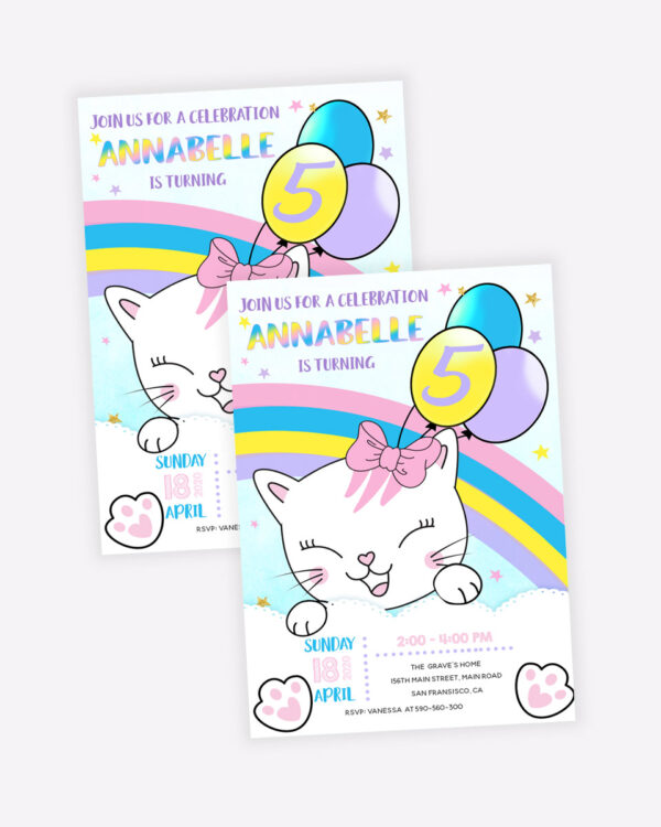 Kitten Rainbow Birthday Girls Invitation 3