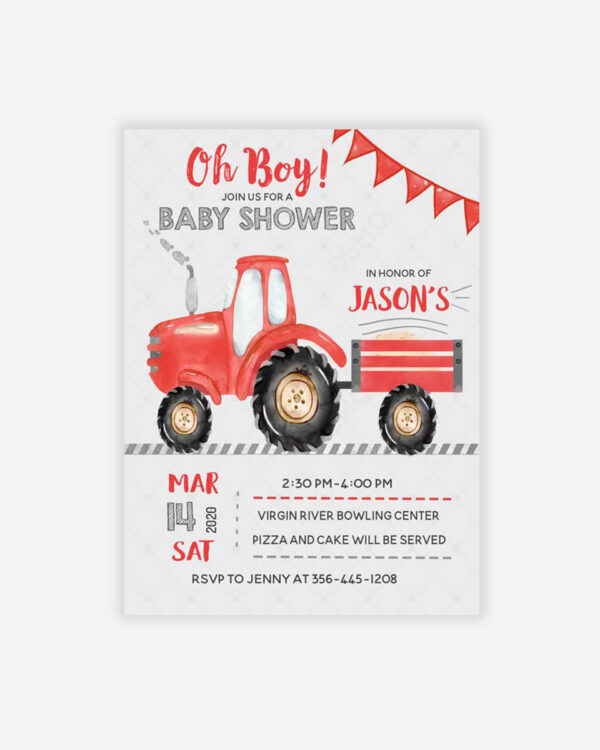 Red Tractor Baby Shower Invitations 1