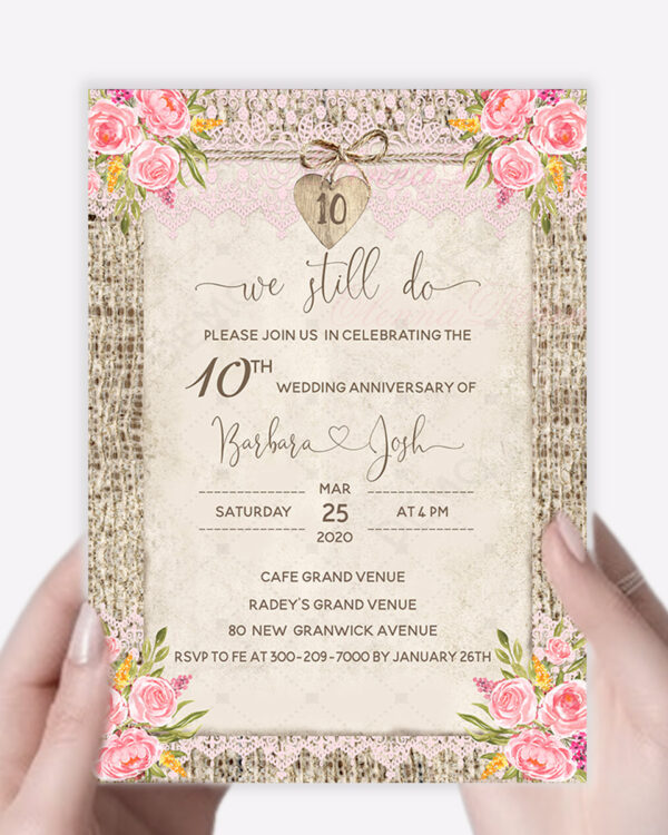 Rustic 10th Wedding Anniversary Party Invitations 2