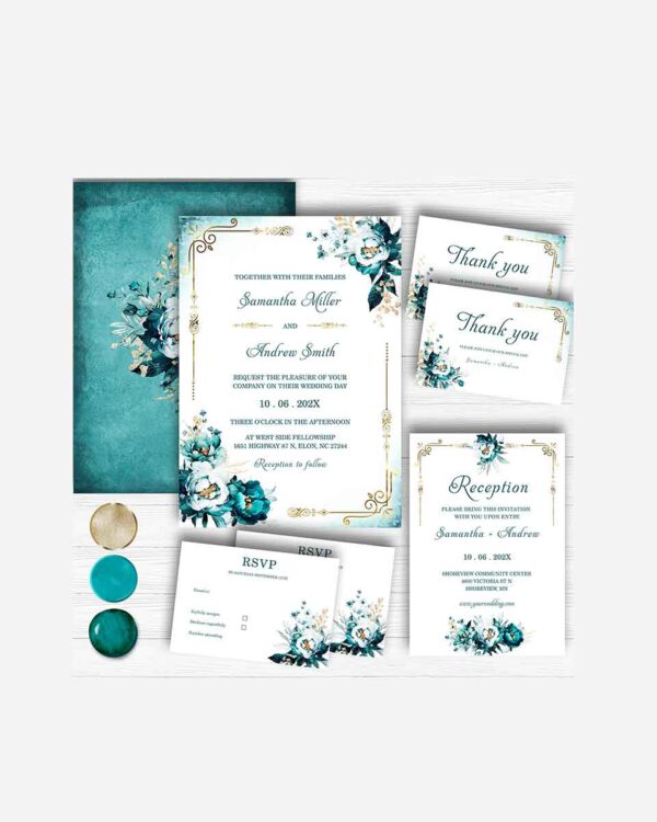 Editable Teal and Gold Wedding Invitation Suite 1