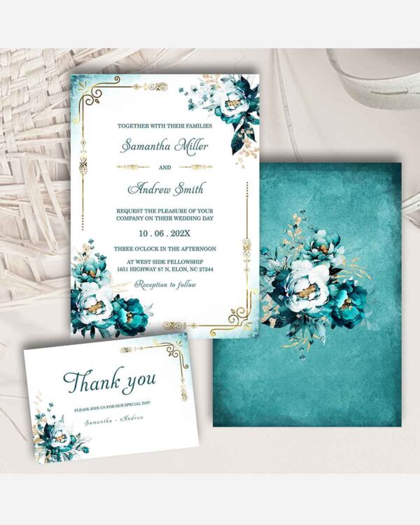 Editable Teal and Gold Wedding Invitation Suite 2