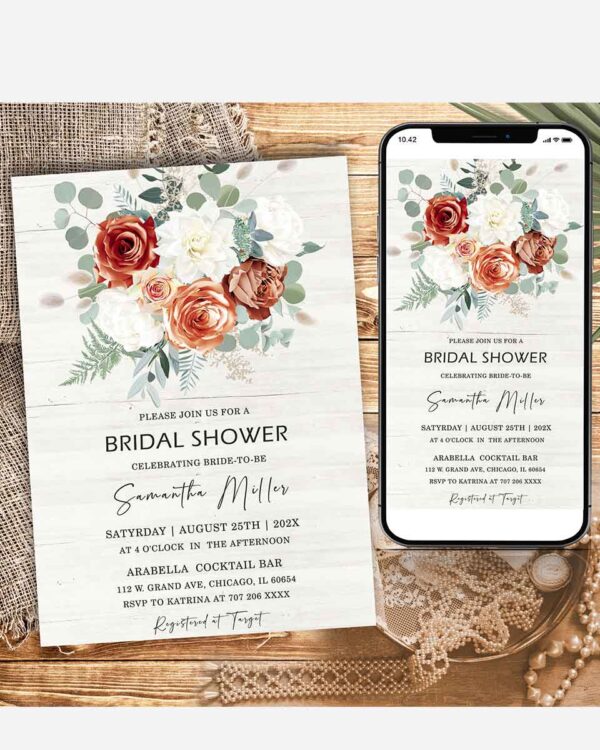 Rustic Terracotta and Sage bridal shower invites 3