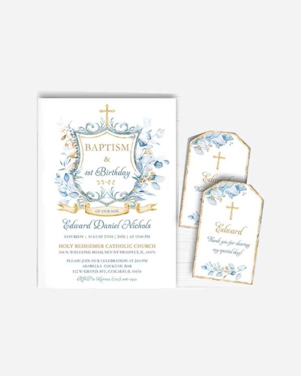 Baptism Blue and gold Monogram invites 1