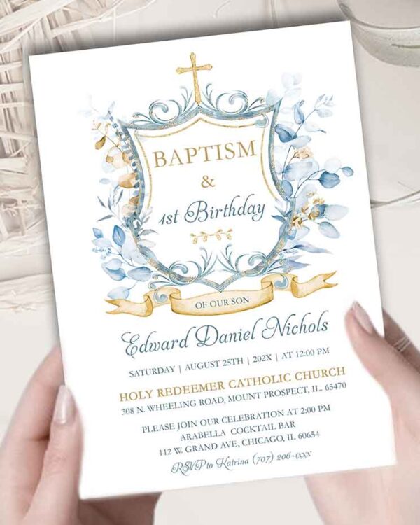 Baptism Blue and gold Monogram invites 4