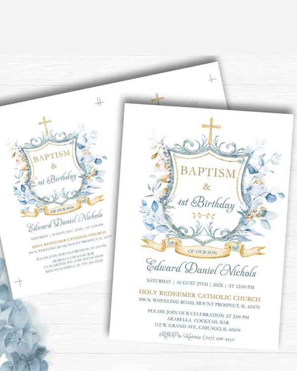 Baptism Blue and gold Monogram invites 3