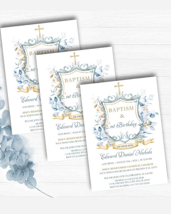 Baptism Blue and gold Monogram invites 2