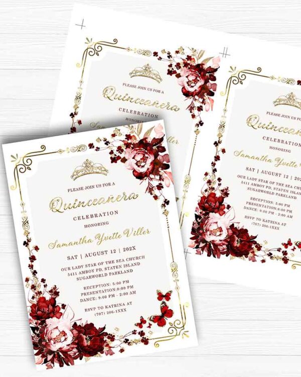 Burgundy and Gold Quinceanera Theme Invitation 5