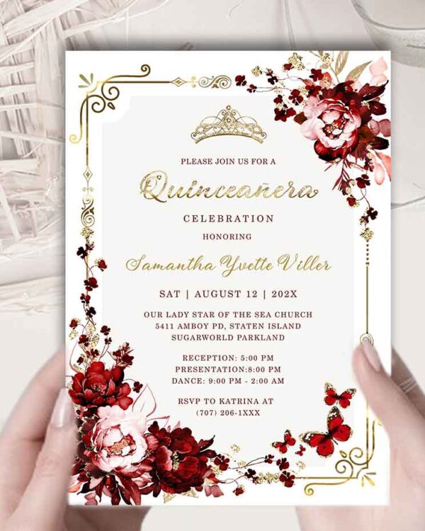 Burgundy and Gold Quinceanera Theme Invitation 4